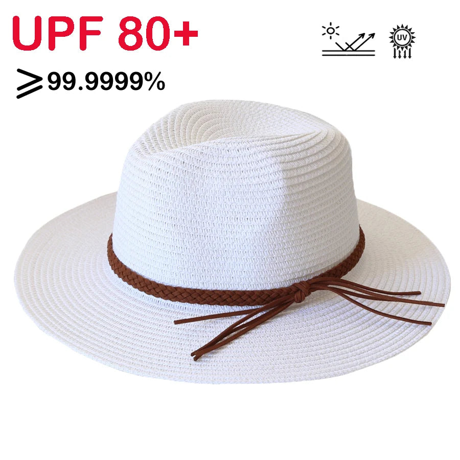 Womens Mens Wide Brim Straw Panama Hat Fedora Summer Beach UV Protection Sun Hat UPF Straw Hat for Women