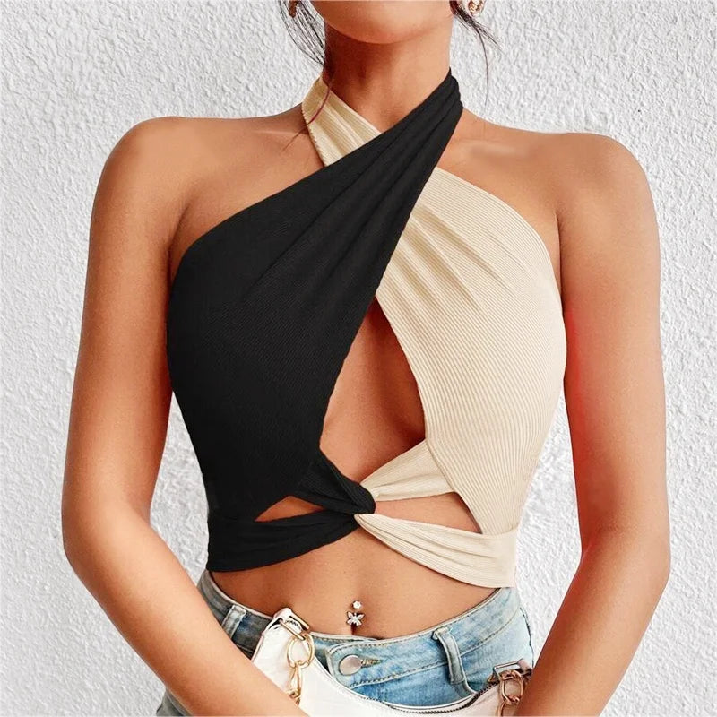 Women Summer Tank Tops Knit Sexy Black White Cross Halter Neck Push Up Hollow Crop Tops High Street Wear 2024 New Fashion