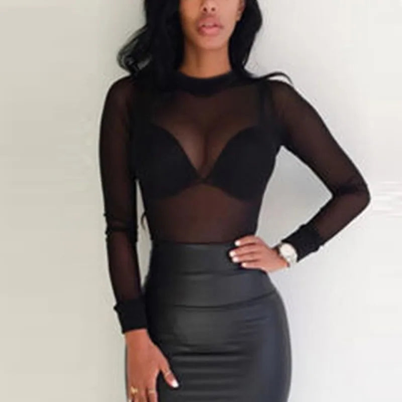 Women Sexy T-Shirt See Through Transparent Mesh Tops Long Sleeve Sheer Slim Ladies Turtleneck Tee