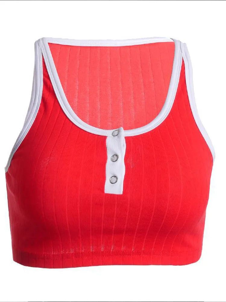 Women U Neck Crop Top 2023 Summer Sleeveless Button Slim Fit Tank Tops Fitness Club Sexy Casual Short Shirts Female
