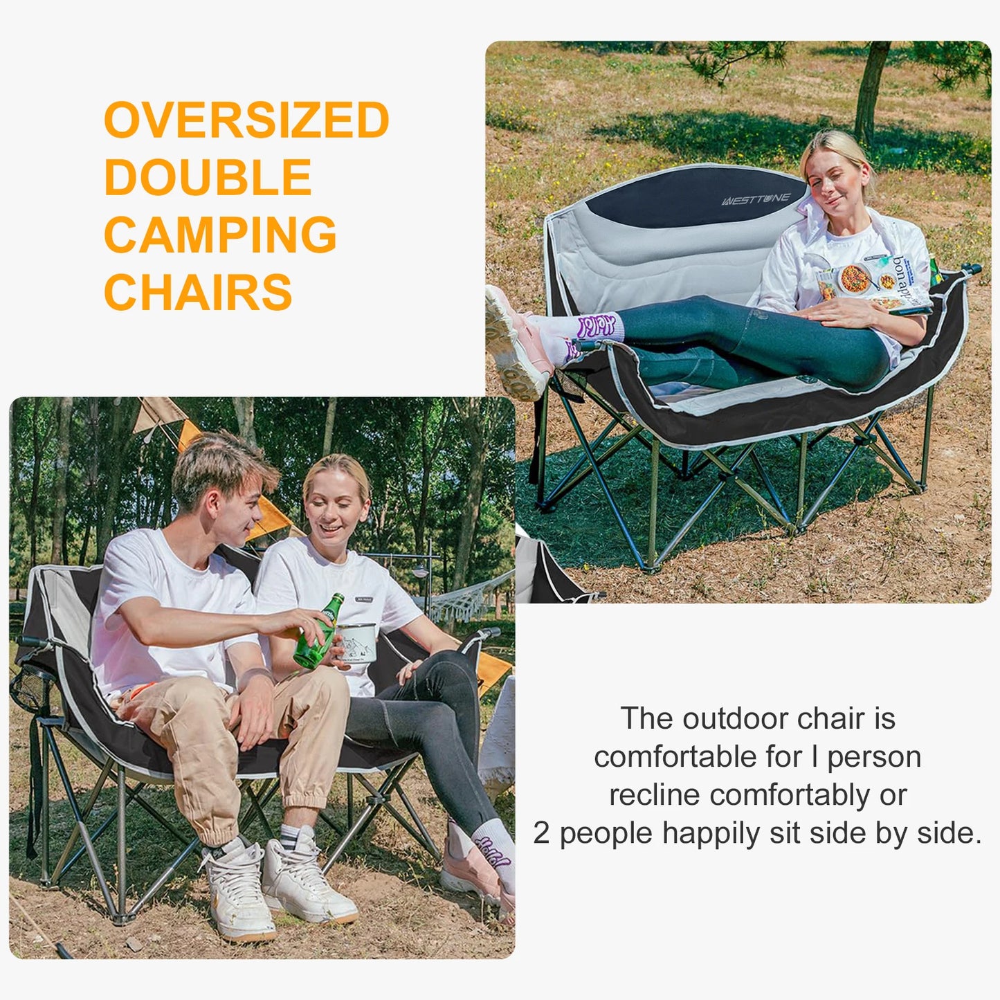 WESTTUNE Double Camping Chair Oversized Loveseat Camping Couch Heavy Duty Outdoor Folding Chair with Cup Holder for Picnic Beach
