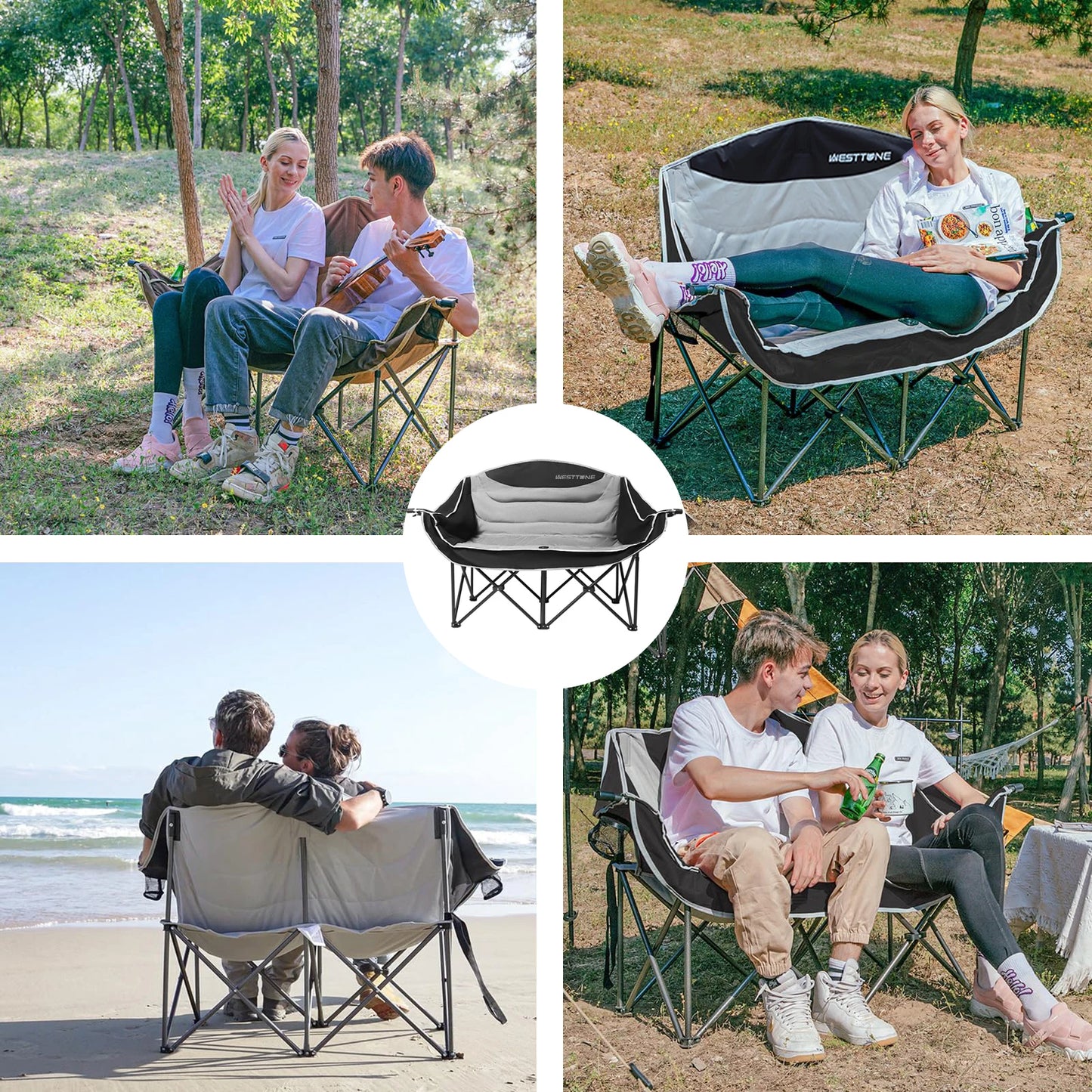 WESTTUNE Double Camping Chair Oversized Loveseat Camping Couch Heavy Duty Outdoor Folding Chair with Cup Holder for Picnic Beach