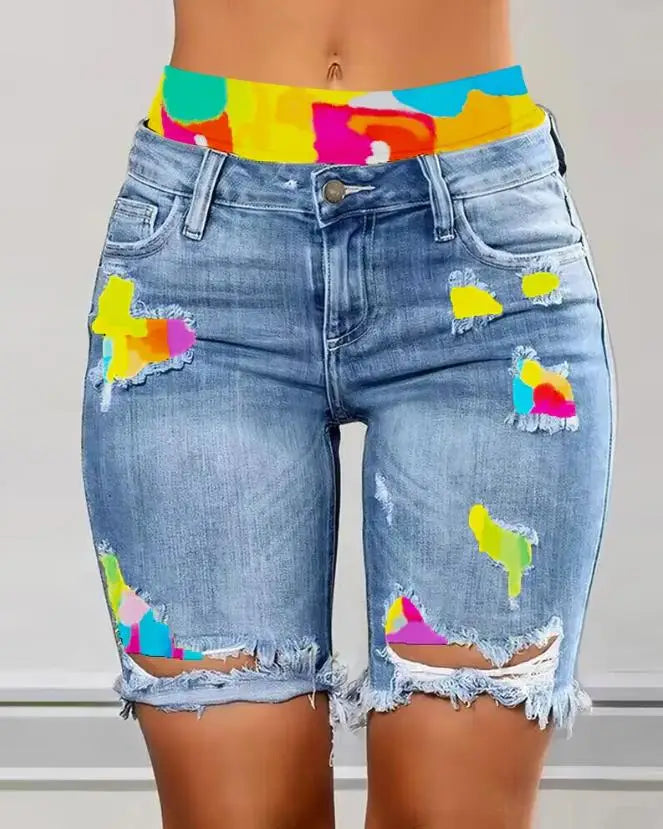 2023 Elegant Summer New Fashion Women's Colorblock Letter Print Ripped 2-In-1 Denim Skinny Shorts Female Casual Bottom