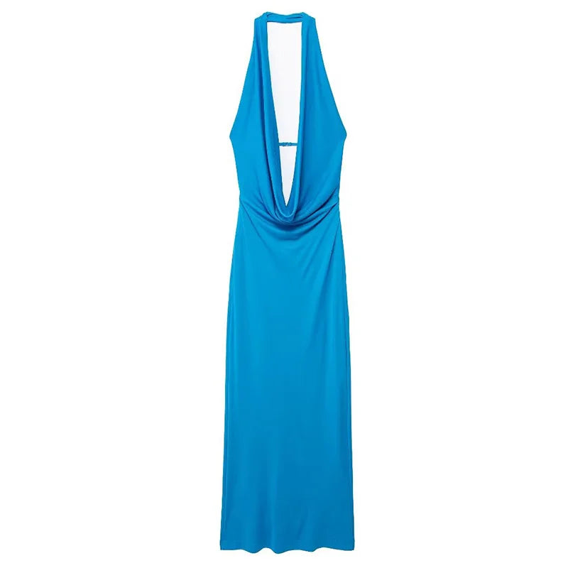 Willshela Women Fashion Solid Pleated Backless Lace Up Midi Dress Vintage Halter V-Neck Female Chic Lady Dresses