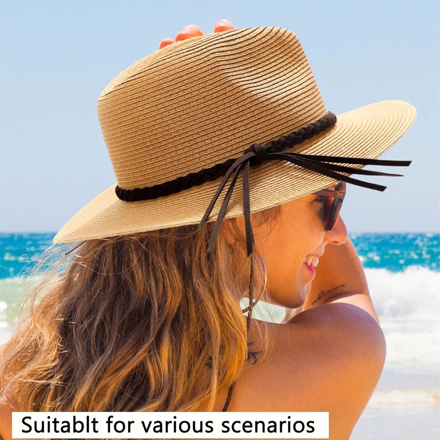 Womens Mens Wide Brim Straw Panama Hat Fedora Summer Beach UV Protection Sun Hat UPF Straw Hat for Women