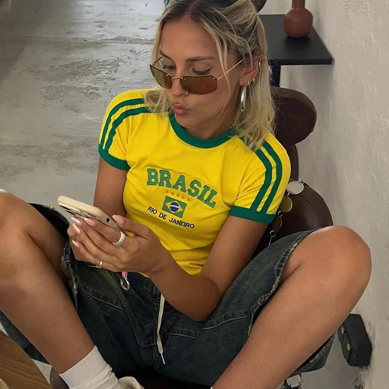 Womens Aesthetic BRASIL Letter Print T-Shirt and Shorts Suit, Vintage Grunge Short Sleeve Baby Tees, Summer Crop Top Y2k Clothe