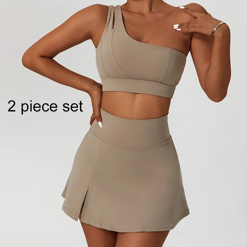 Yoga Skirt Set Women Workout Sport Gym Wear Suit High Wais Fitness Crop Top Female Tennis Sportswear One Shoulder Bra