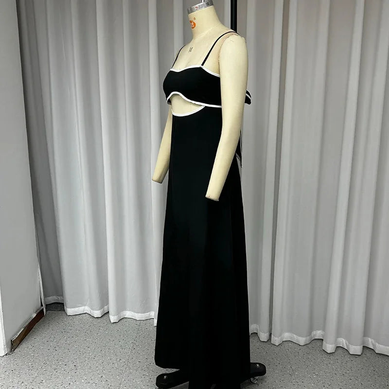 Wefads Maxi Dress Women Summer Casual Patchwork Suspender Sleeveless Hollow Out Backless Lace Up Loose Beach Long Dressses