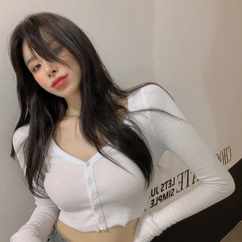 Women T-Shirts Long Sleeve Stretchy V-Neck All-Match Ladies Crop Tops Streetwear Korean Style