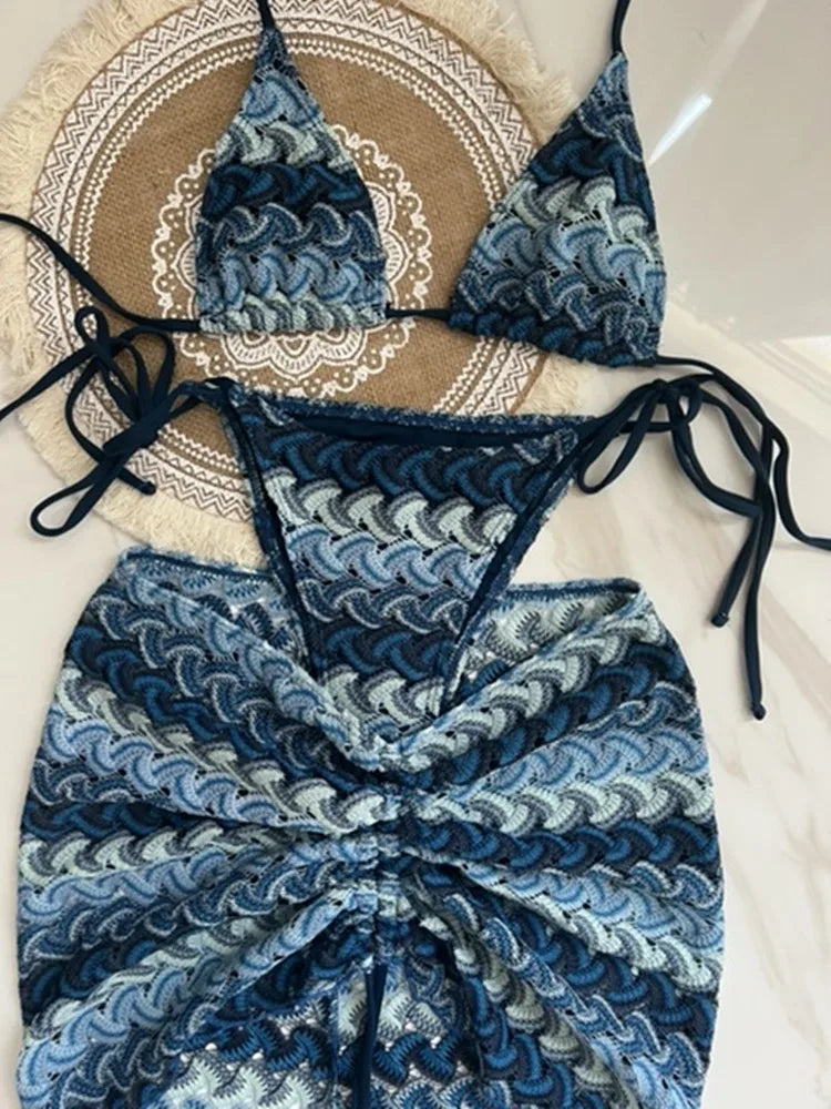 Women Swimsuit Colored Maple Leaves Knitted Bikini Skirt Three-Piece Set Split Swimsuit Bikini