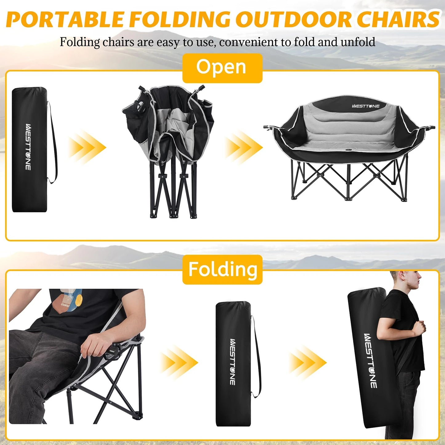 WESTTUNE Double Camping Chair Oversized Loveseat Camping Couch Heavy Duty Outdoor Folding Chair with Cup Holder for Picnic Beach