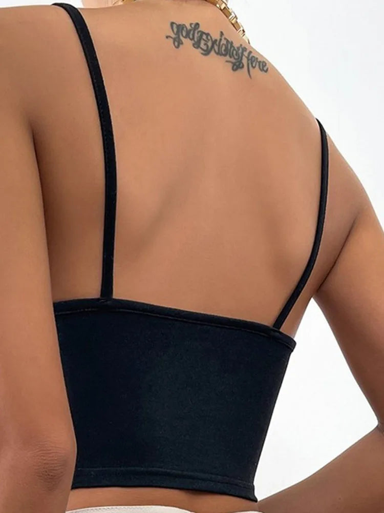 Women Sexy Crop Tops Camisole Spaghetti Strap V Neck Cut-out Round Ring Linked Sleeveless Cami Tank Tops Slim Vest Corset Y2K
