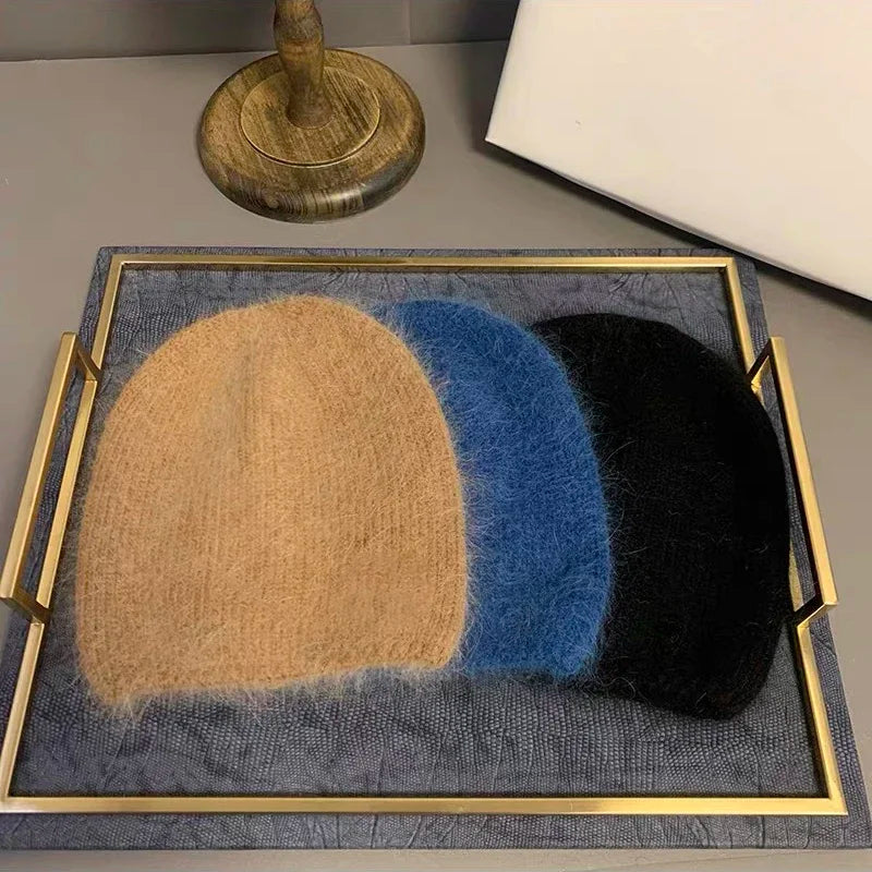 2023 new solid color rabbit fur Winter Hat for woman long hair Warm cap Simple High Quality soft Winter Beanies