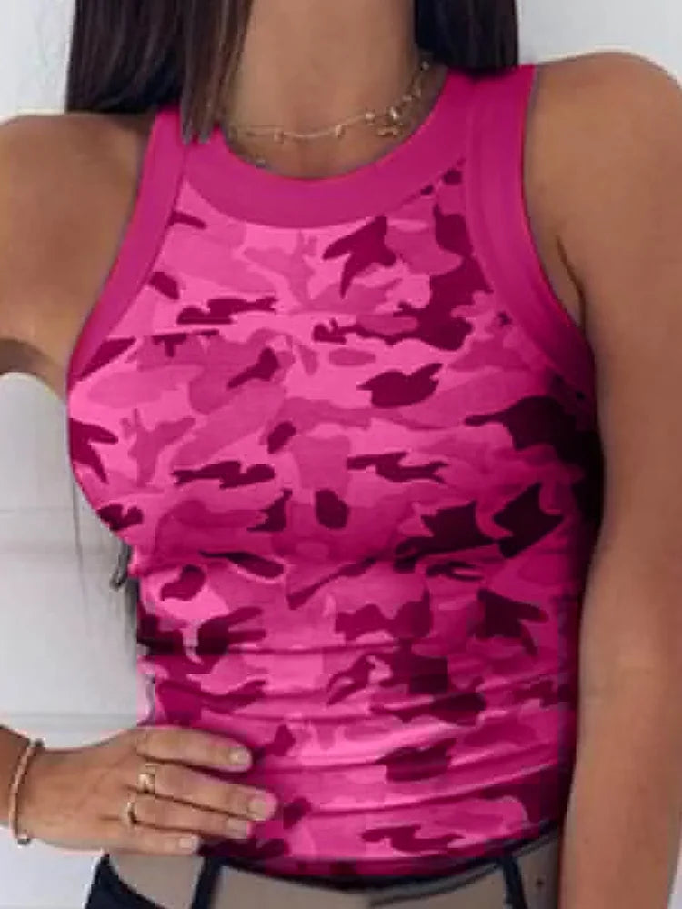 Women Casual Camo Round Neck Ribbed Tank Top Summer Basic Elastic Camisole Sexy Sleeveless Crew Neck Vest Women's Clothing