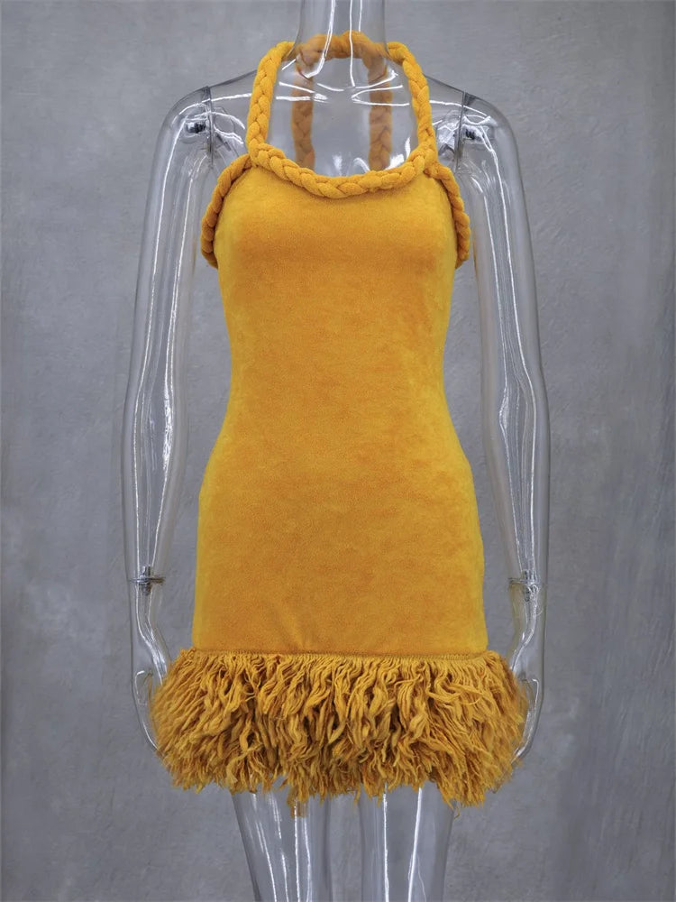 Weird Puss Fluff Patchwork Dress Women Halter Extra-Long Bandage Sleeveless Backless Autumn Trend Party Clubwear Mini Bodycon