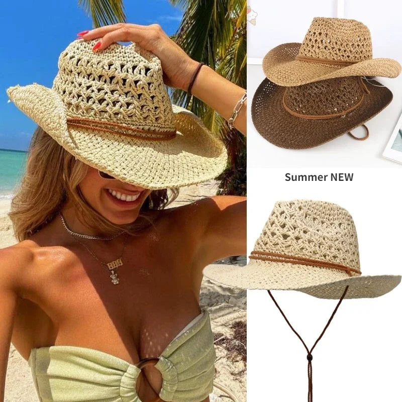 Vintage Western Cowboy Sun Hat Men Women Straw Hat Outdoor Travel Ethnic Style Gift UV Protection Cap Chapeau Beach Hat