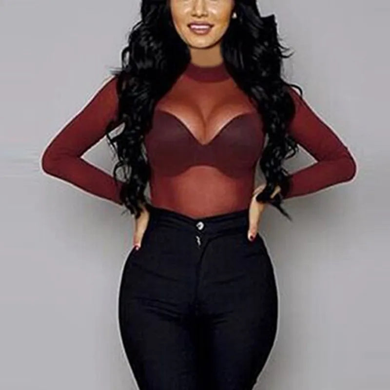 Women Sexy T-Shirt See Through Transparent Mesh Tops Long Sleeve Sheer Slim Ladies Turtleneck Tee