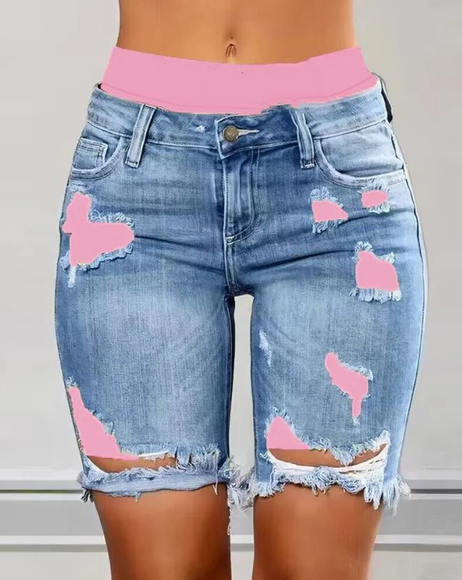 2023 Elegant Summer New Fashion Women's Colorblock Letter Print Ripped 2-In-1 Denim Skinny Shorts Female Casual Bottom