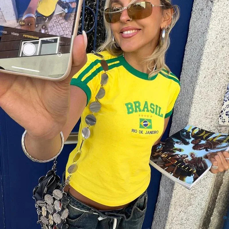 Womens Aesthetic BRASIL Letter Print T-Shirt and Shorts Suit, Vintage Grunge Short Sleeve Baby Tees, Summer Crop Top Y2k Clothe