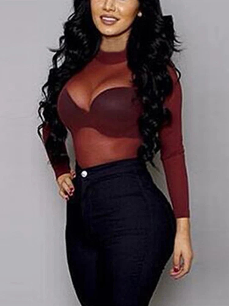 Women Sexy T-Shirt See Through Transparent Mesh Tops Long Sleeve Sheer Slim Ladies Turtleneck Tee