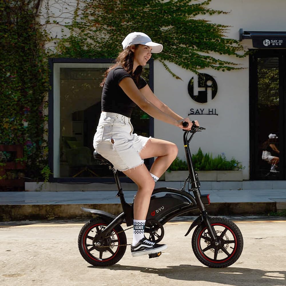 DYU Vélo Électrique Pliable,14 Pouces Vélo Électrique Portable,Smart E-Bike, Pédalage Assisté, Hauteur Réglable, Portable Compact, Adulte Unisexe (Noir, D3F 10AH)