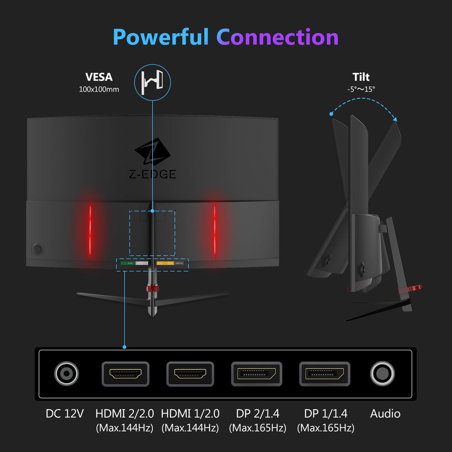 Z-Edge Ecran PC Gamer Incurvé 27'' 2K QHD(2560x1440), 165 Hz, 1ms, FreeSync, Moniteur Gaming 1440P, 1500R VA, Inclinaison Réglable, 2×DP1.4 & 2×HDMI2.0, RGB, VESA 100 * 100mm (DP Câble Inclus)