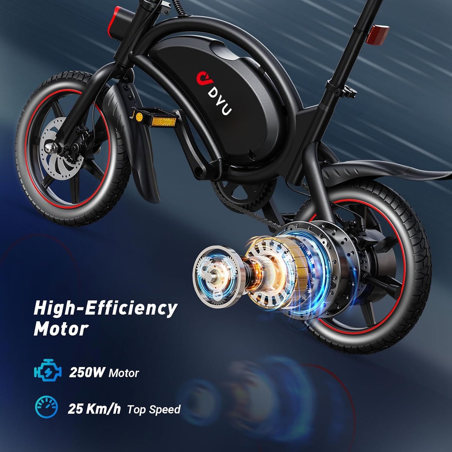 DYU Vélo Électrique Pliable,14 Pouces Vélo Électrique Portable,Smart E-Bike, Pédalage Assisté, Hauteur Réglable, Portable Compact, Adulte Unisexe (Noir, D3F 10AH)