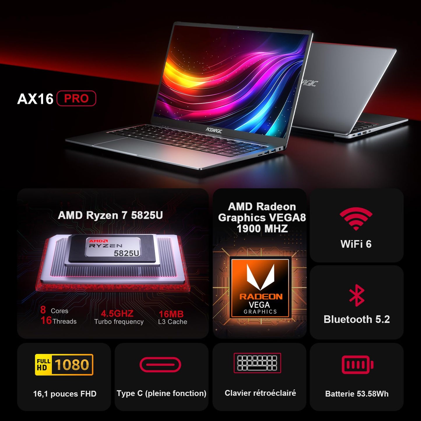 ACEMAGIC 2024 PC Portable Gaming AMD Ryzen 9 6900HX (Jusqu'à 4,9 Hz) Ordinateur Portable 16 Pouces FHD Comparable au i7, 16 Go Ram DDR5 512 Go Étendre à 4 to Clavier rétroéclairé M.2 SSD*2,WiFi 6