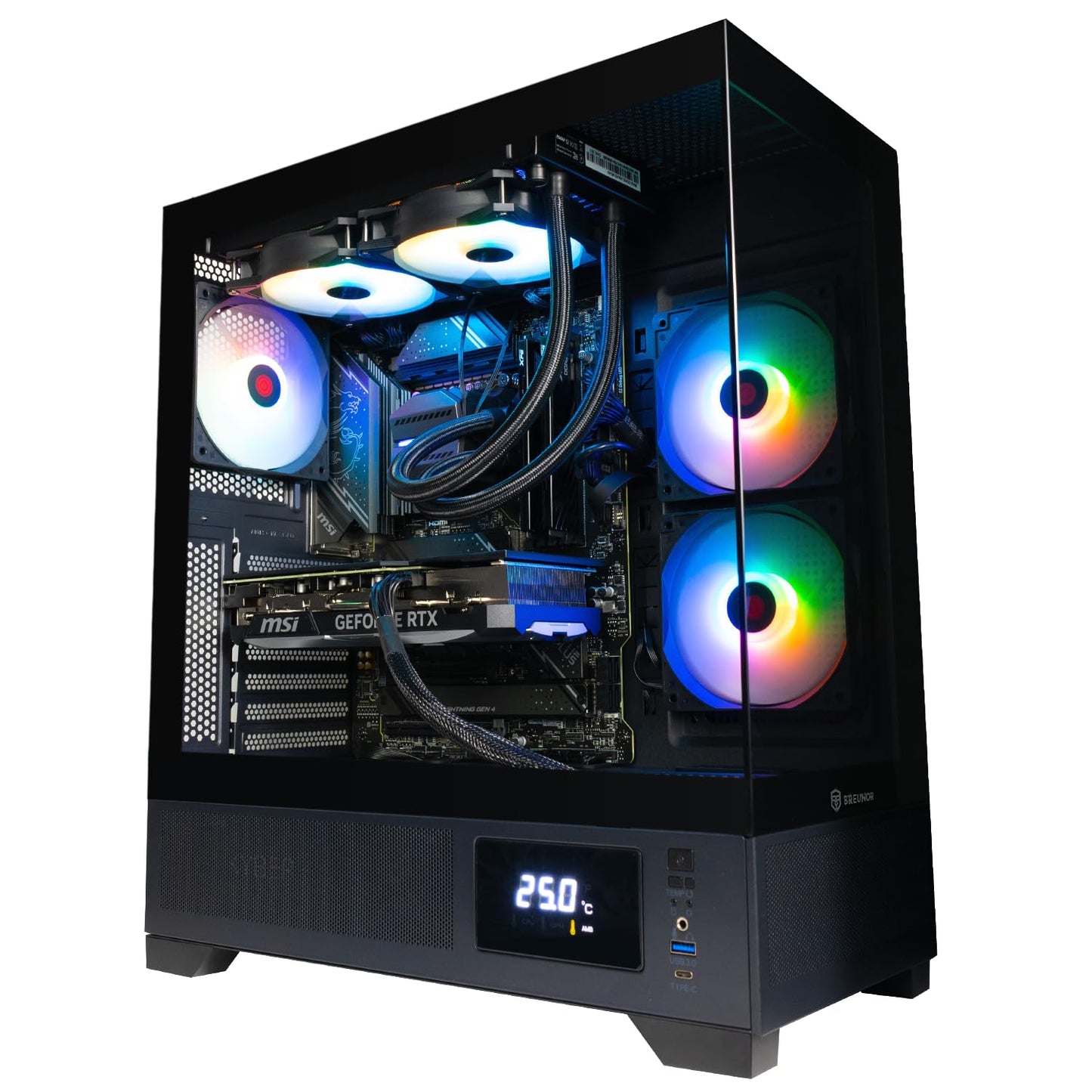 BREUNOR Avalon - Ordinateur de Bureau Gaming i7 12700F 12 cœurs jusqu'à 4,90 GHz, RTX 4060Ti 8Go, RAM 32Go DDR4 3600MHz, SSD NVMe 1000Go, Watercooling CPU 240mm, Windows 11 Pro, Pc Gamer i7