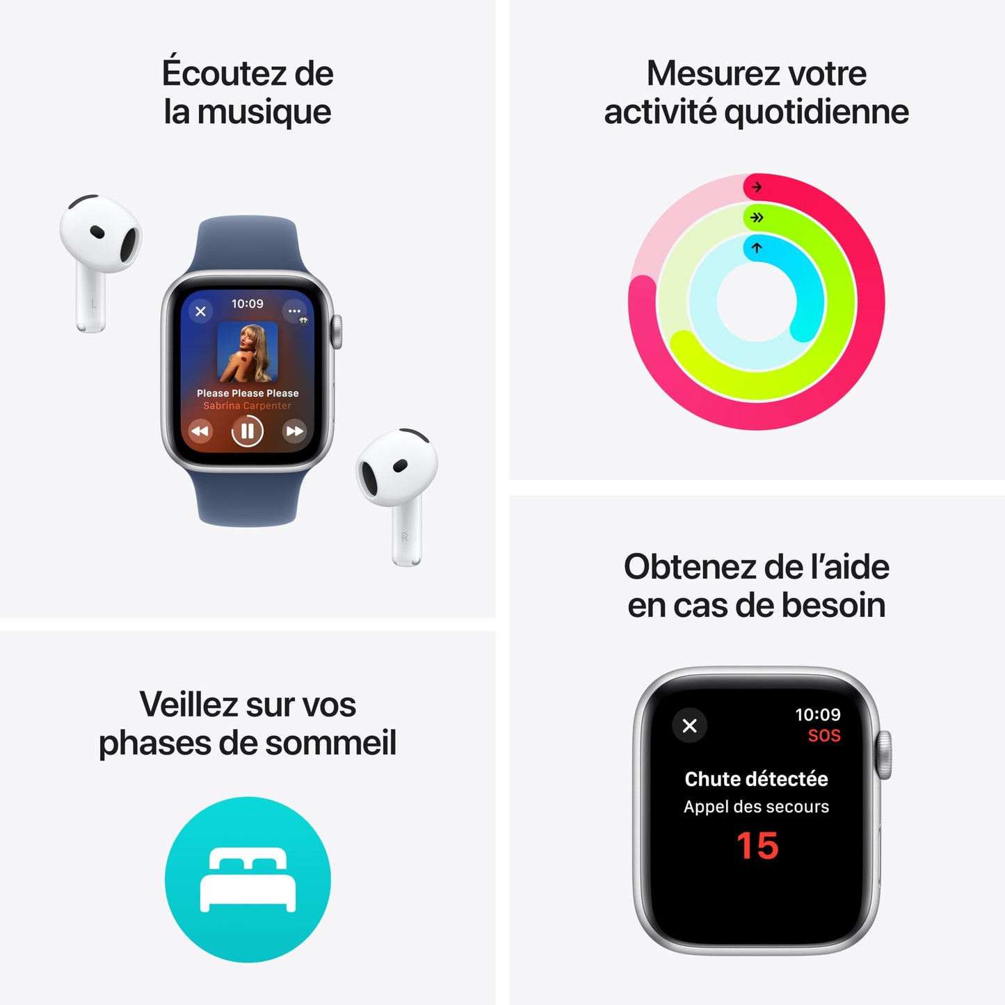 Apple Watch SE (2ᵉ génération) 40 mm GPS Montre connectée avec Boîtier en Aluminium lumière stellaire et Bracelet Sport lumière stellaire (S/M). Suivi activité et Sommeil, détection Accidents