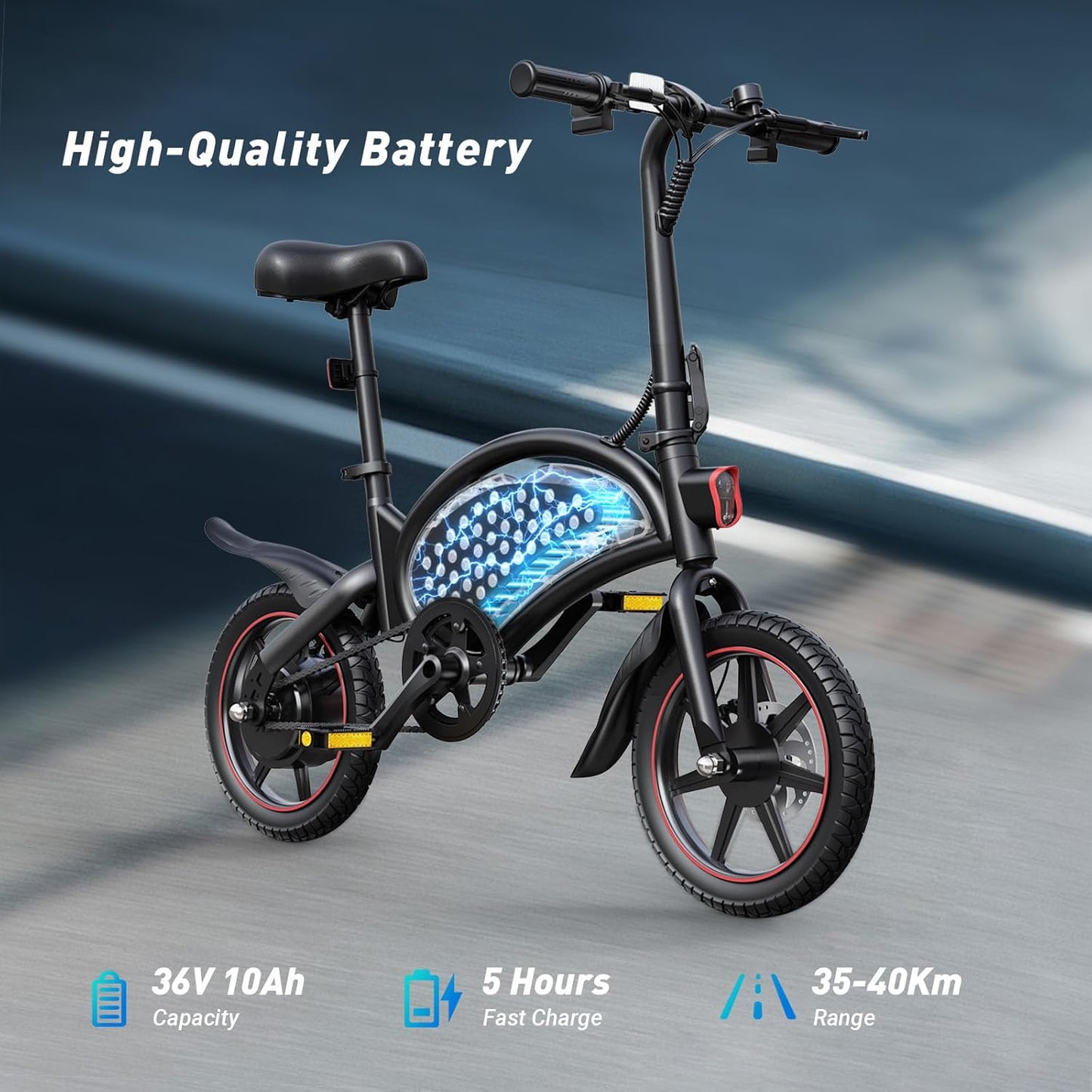 DYU Vélo Électrique Pliable,14 Pouces Vélo Électrique Portable,Smart E-Bike, Pédalage Assisté, Hauteur Réglable, Portable Compact, Adulte Unisexe (Noir, D3F 10AH)