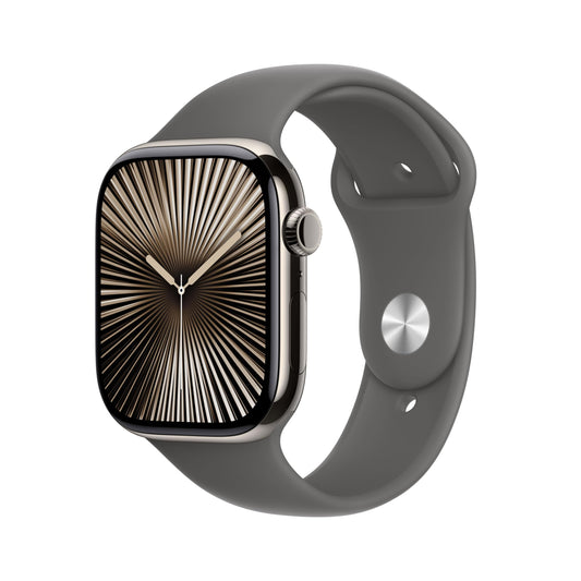 Apple Watch Series 10 (46 mm GPS + Cellular) Montre connectée avec Boîtier en Titane Naturel et Bracelet Sport Gris minéral (S/M). Suivi de l’activité Physique, app ECG, écran Retina Toujours activé