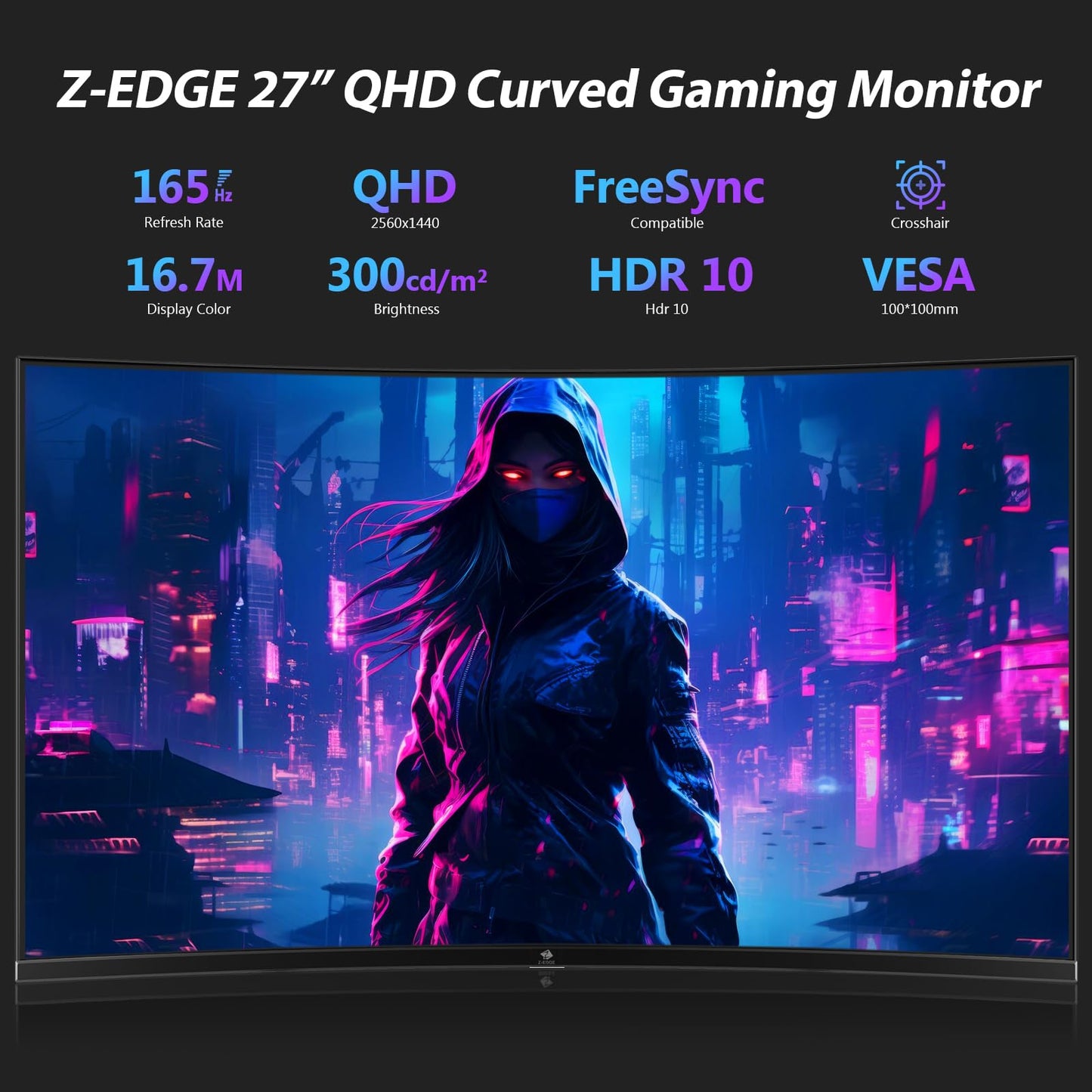 Z-Edge Ecran PC Gamer Incurvé 27'' 2K QHD(2560x1440), 165 Hz, 1ms, FreeSync, Moniteur Gaming 1440P, 1500R VA, Inclinaison Réglable, 2×DP1.4 & 2×HDMI2.0, RGB, VESA 100 * 100mm (DP Câble Inclus)