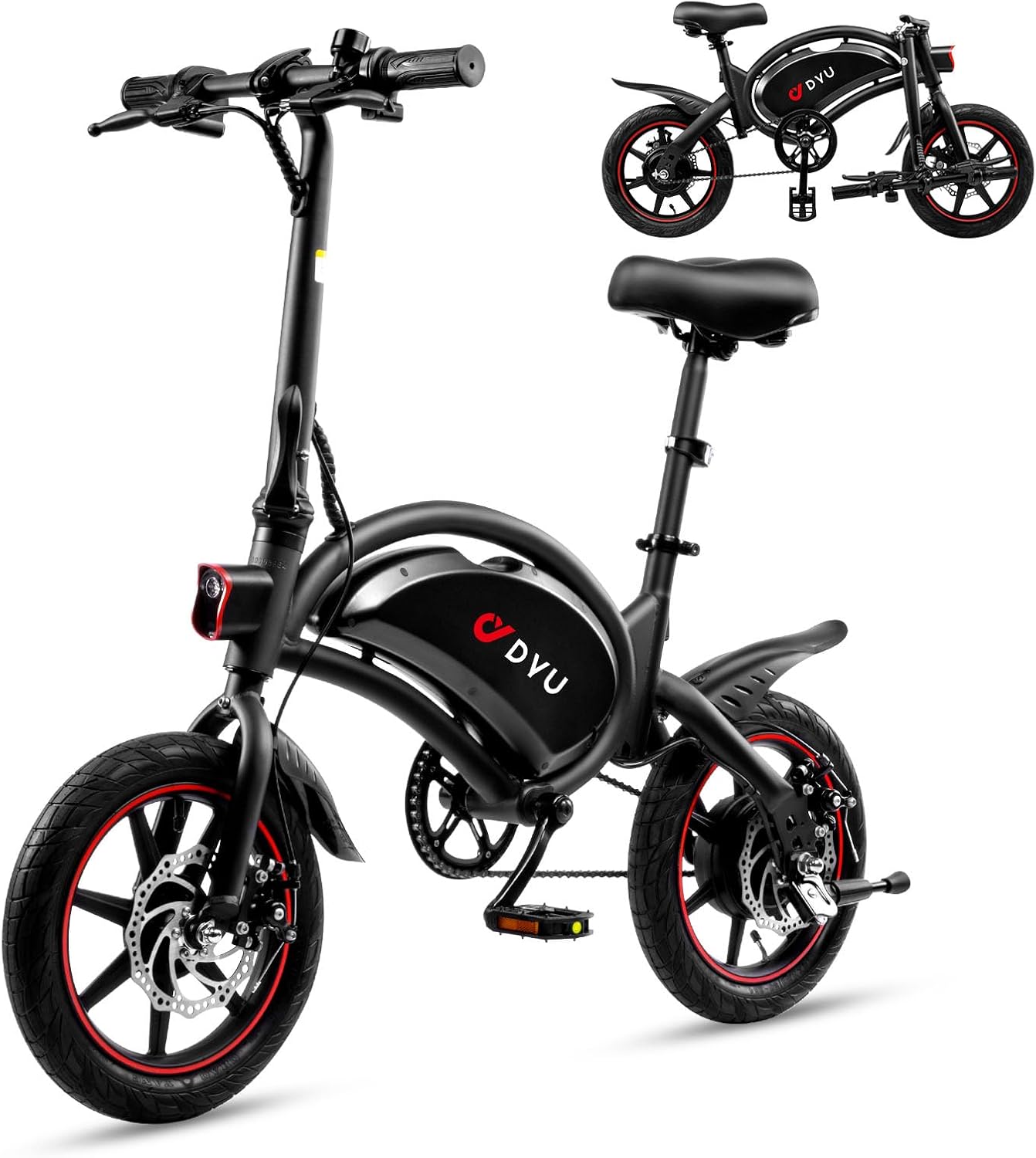 DYU Vélo Électrique Pliable,14 Pouces Vélo Électrique Portable,Smart E-Bike, Pédalage Assisté, Hauteur Réglable, Portable Compact, Adulte Unisexe (Noir, D3F 10AH)