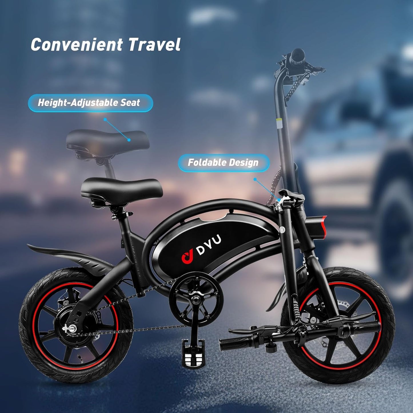 DYU Vélo Électrique Pliable,14 Pouces Vélo Électrique Portable,Smart E-Bike, Pédalage Assisté, Hauteur Réglable, Portable Compact, Adulte Unisexe (Noir, D3F 10AH)