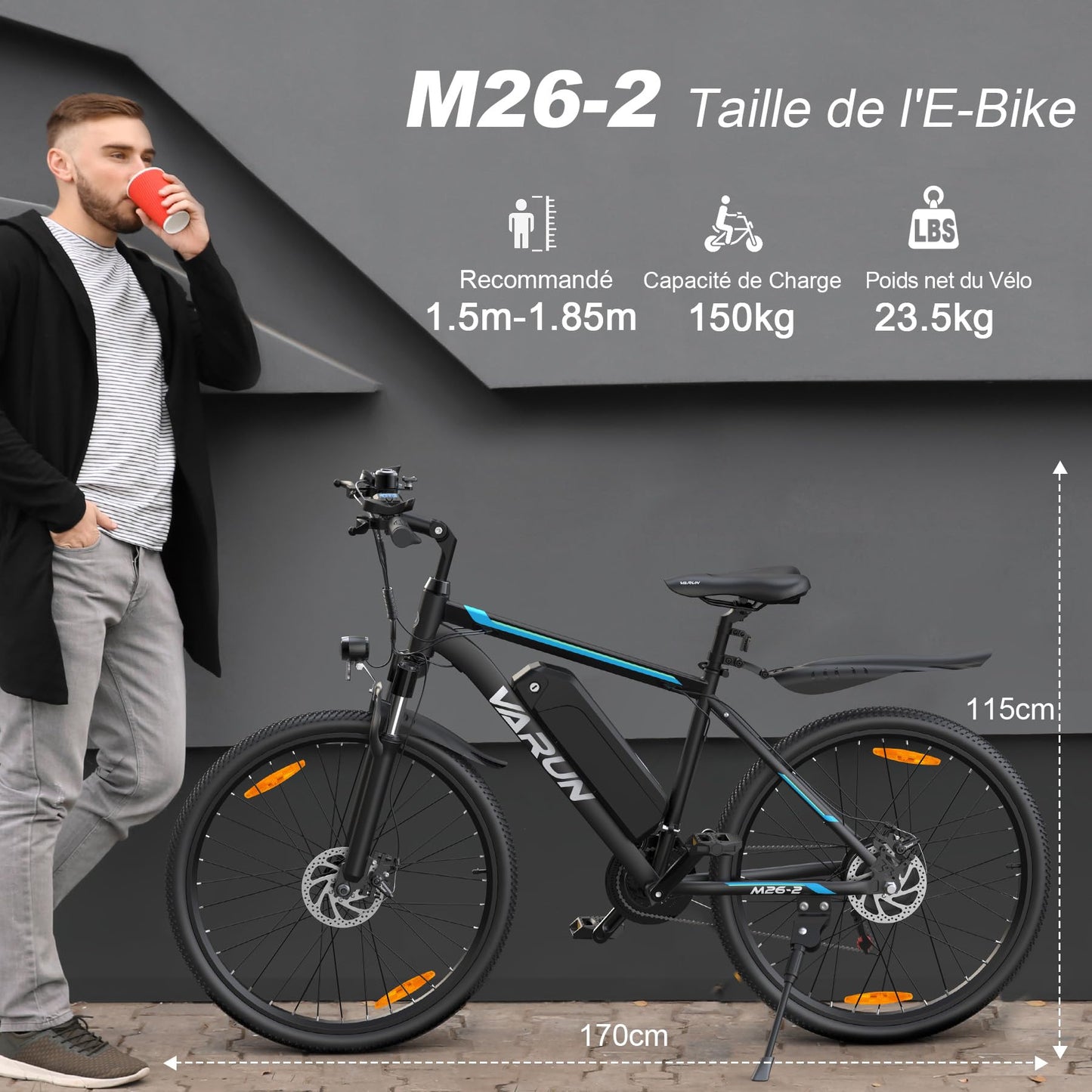 VARUN Velo Electrique, 24"/26"/27.5" VTT Électrique avec 48V/36V Batterie, Jusqu'à 55-100KM, 250W Moteur, Vélo Électrique Homme Femme avec 21/1 Vitesses, Écran LCD, Ville E-Bike avec Pédalage Assisté