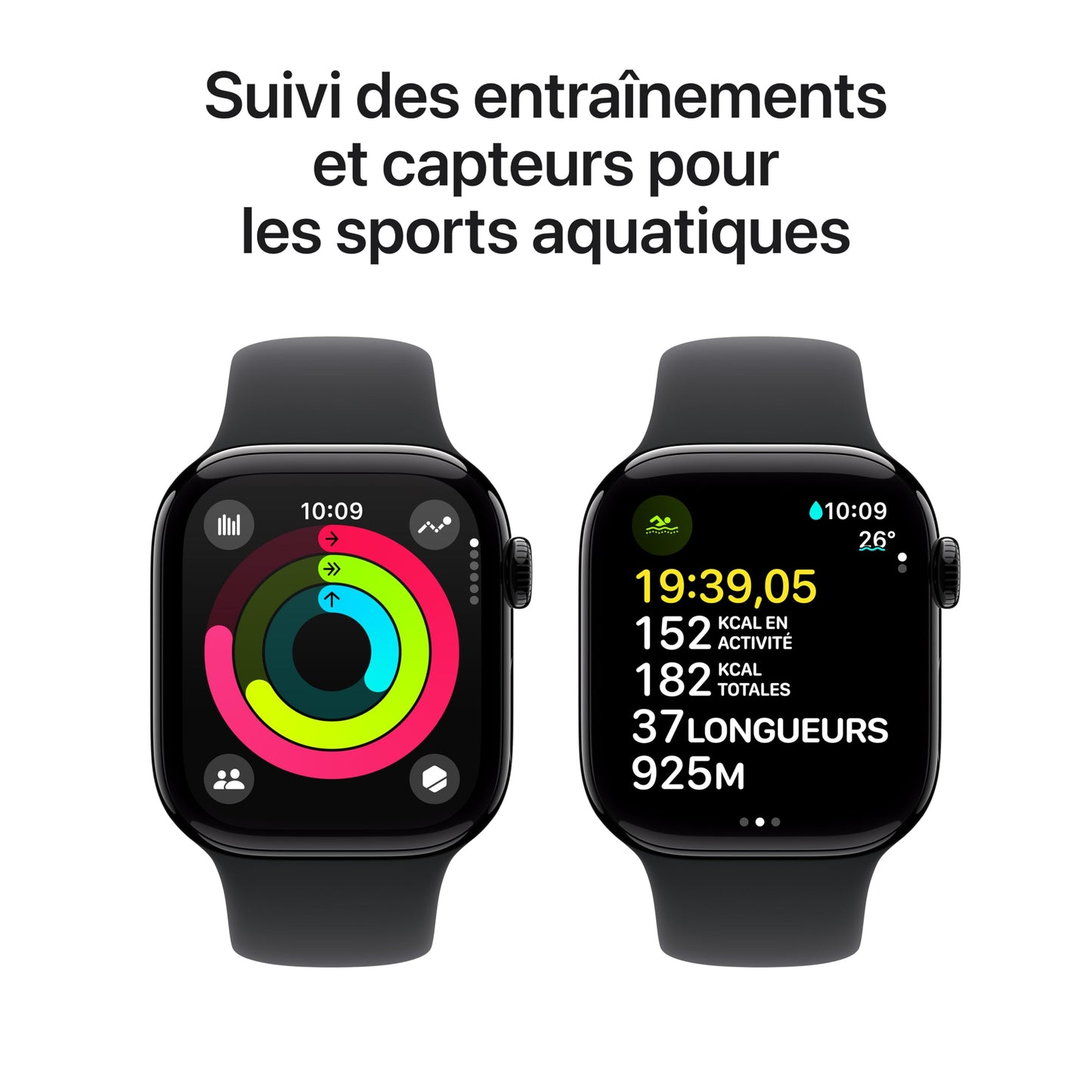 Apple Watch Series 10 (46 mm GPS) Montre connectée avec Boîtier en Aluminium Noir de Jais et Bracelet Sport Noir (S/M). Suivi de l’activité Physique, app ECG, écran Retina Toujours activé