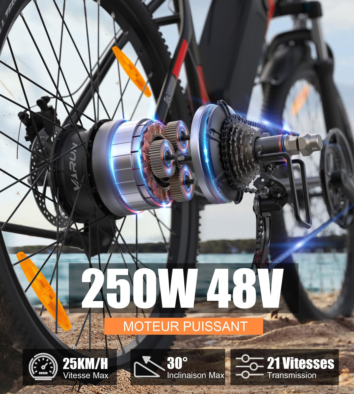 VARUN Velo Electrique, 24"/26"/27.5" VTT Électrique avec 48V/36V Batterie, Jusqu'à 55-100KM, 250W Moteur, Vélo Électrique Homme Femme avec 21/1 Vitesses, Écran LCD, Ville E-Bike avec Pédalage Assisté