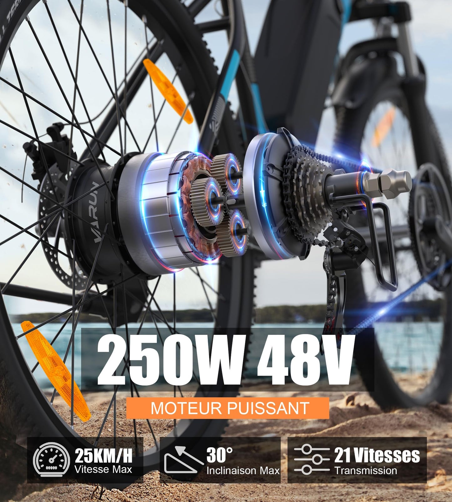 VARUN Velo Electrique, 24"/26"/27.5" VTT Électrique avec 48V/36V Batterie, Jusqu'à 55-100KM, 250W Moteur, Vélo Électrique Homme Femme avec 21/1 Vitesses, Écran LCD, Ville E-Bike avec Pédalage Assisté