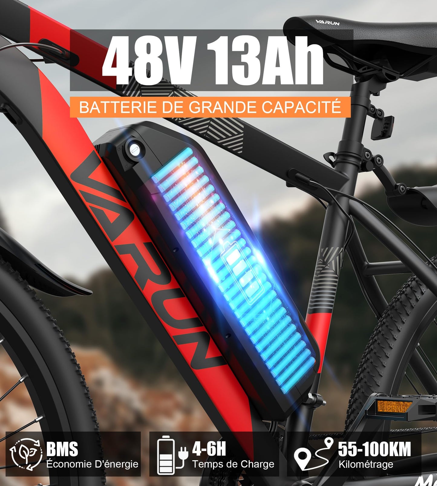 VARUN Velo Electrique, 24"/26"/27.5" VTT Électrique avec 48V/36V Batterie, Jusqu'à 55-100KM, 250W Moteur, Vélo Électrique Homme Femme avec 21/1 Vitesses, Écran LCD, Ville E-Bike avec Pédalage Assisté