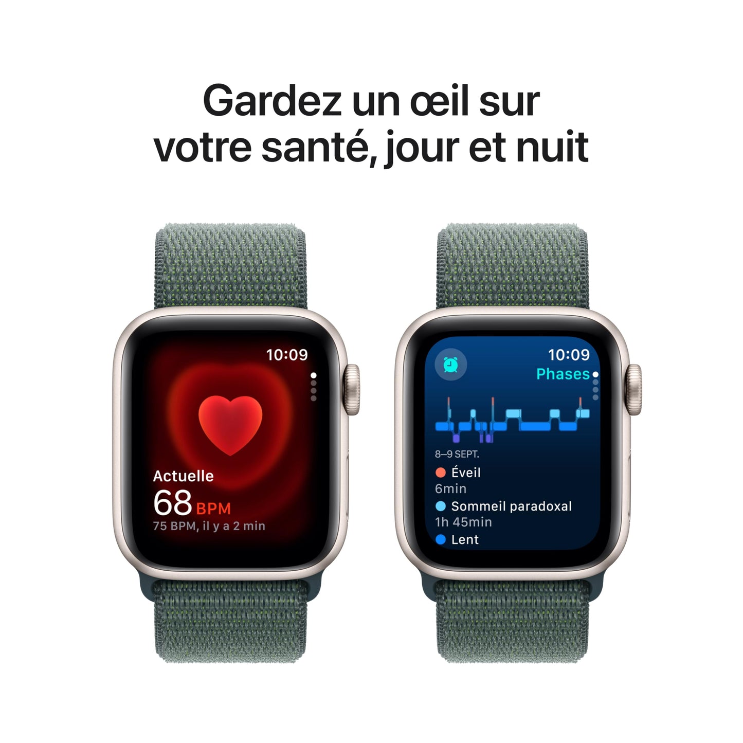 Apple Watch SE (2ᵉ génération) 40 mm GPS Montre connectée avec Boîtier en Aluminium lumière stellaire et Bracelet Sport lumière stellaire (S/M). Suivi activité et Sommeil, détection Accidents