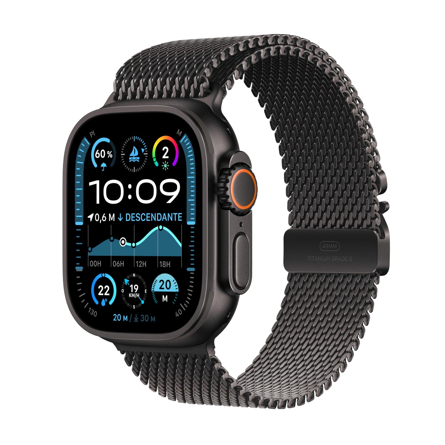 Apple Watch Ultra 2 (49 mm GPS + Cellular) Montre de Sport connectée avec Boîtier en Titane Naturel et Bracelet Milanais Titane Naturel (Medium). Suivi de l’activité, Neutre en Carbone