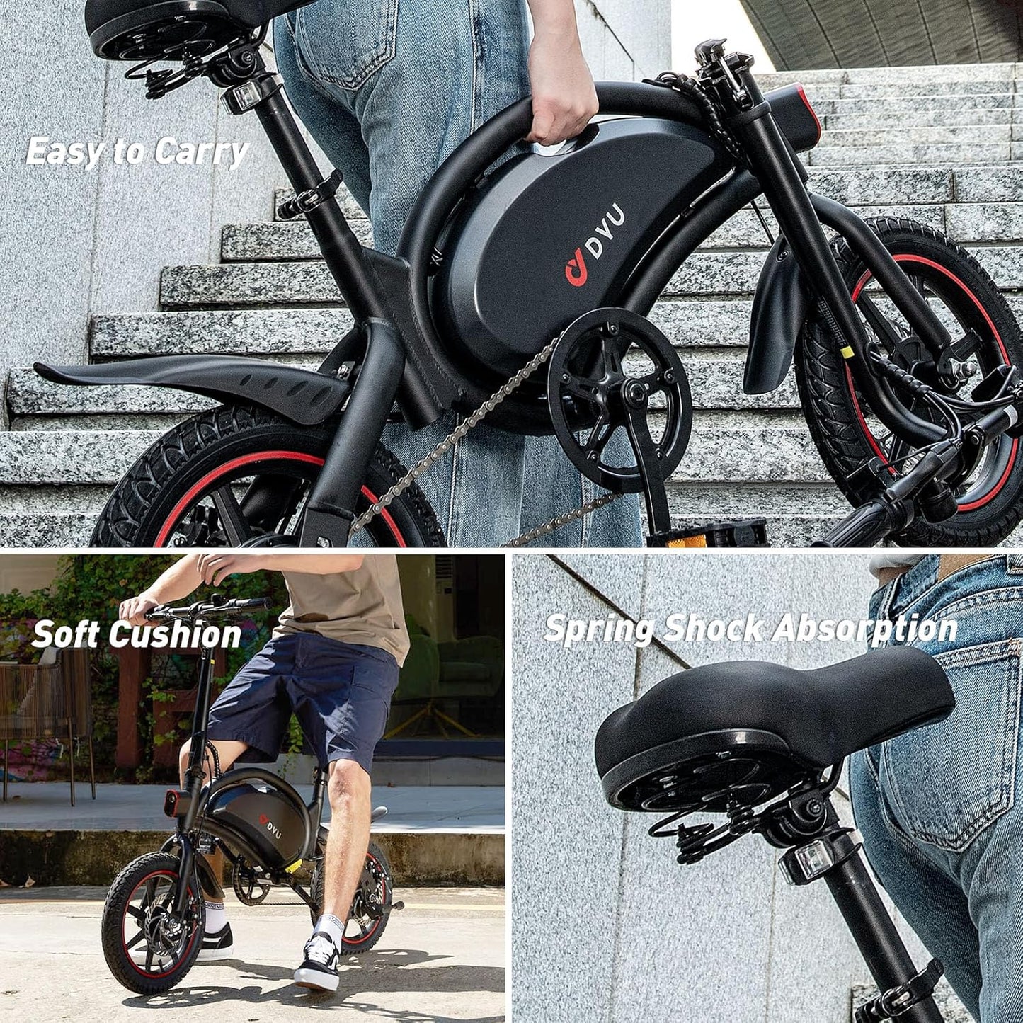 DYU Vélo Électrique Pliable,14 Pouces Vélo Électrique Portable,Smart E-Bike, Pédalage Assisté, Hauteur Réglable, Portable Compact, Adulte Unisexe (Noir, D3F 10AH)