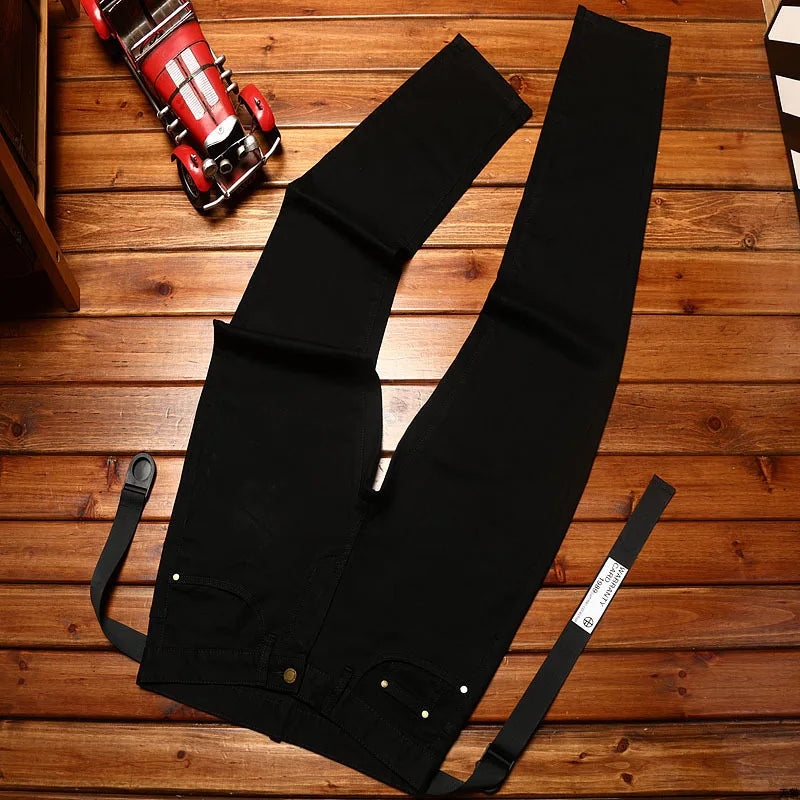 High-end affordable luxury summer thin jeans men's slim fit skinny printed versatile casual trend stretch black trousers