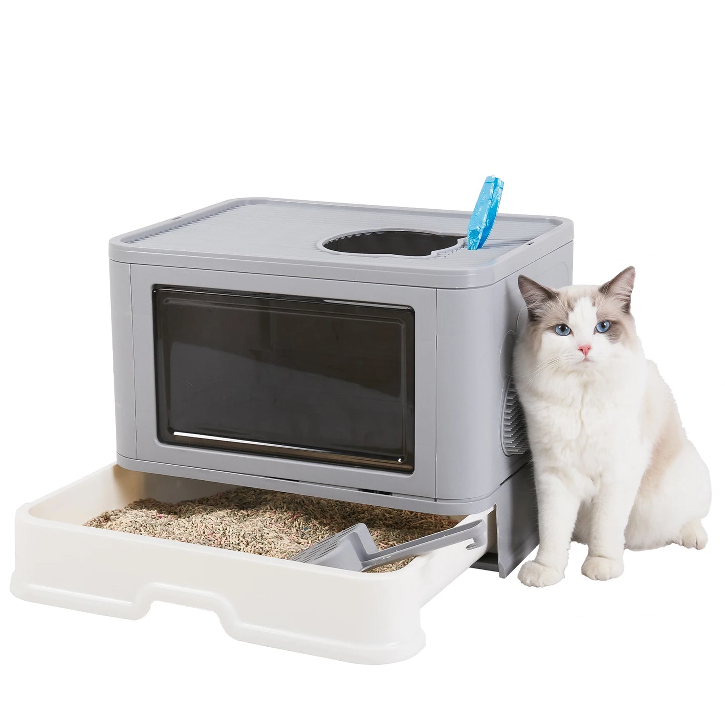 Foldable Cat Litter Box Front Entry & Top Exit Toilet Boxes with Massager Litter Scoop Enclosed Foldable Kitty Toilet