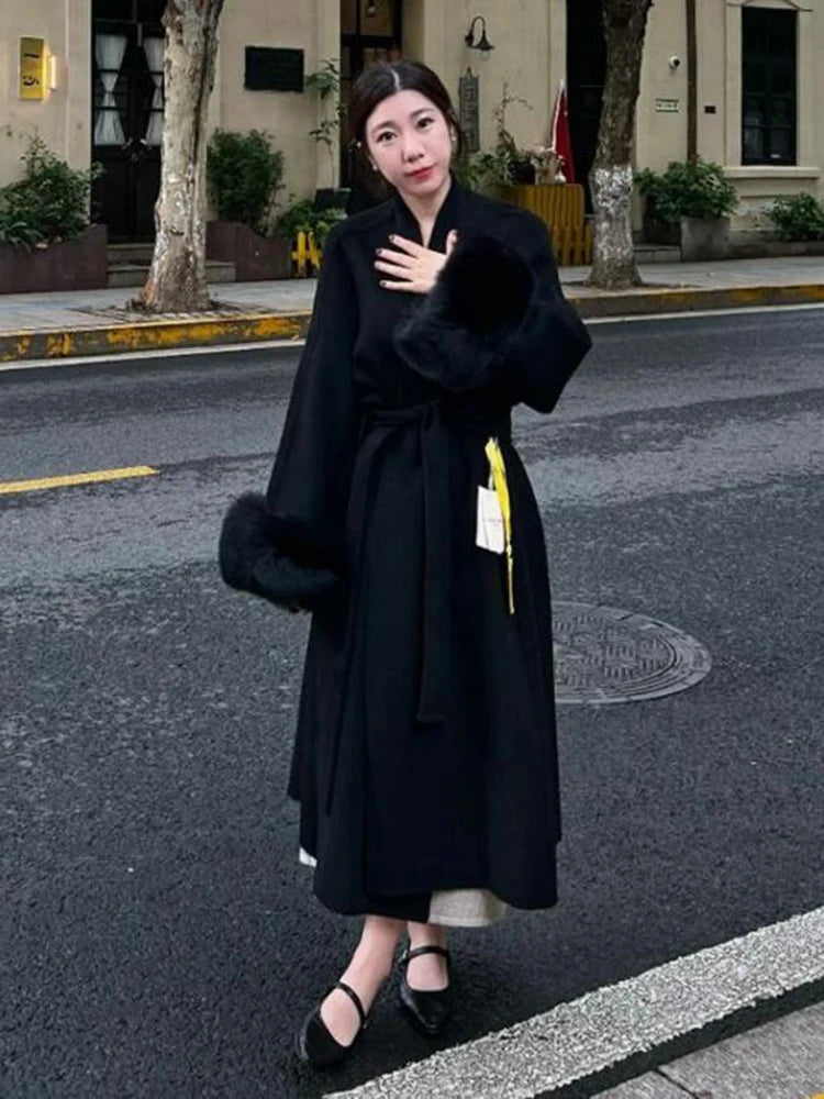 2024 Warm Long Coat With Belt Women's Elegant Warm Wool Blend Trench Coat Winter Clothes Fashion Outerwear Trench Coat