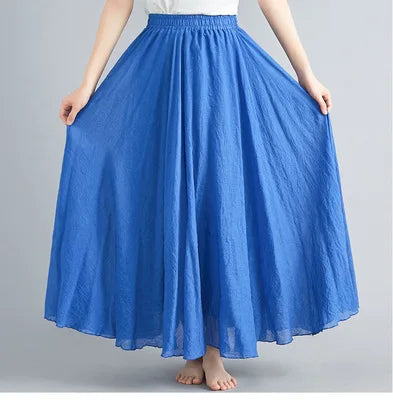 28-Color Mori Girl Literary Cotton Linen Dress Elastic Waist A-line Expansion Skirt Solid Color Ethnic Style Women Long Skirts