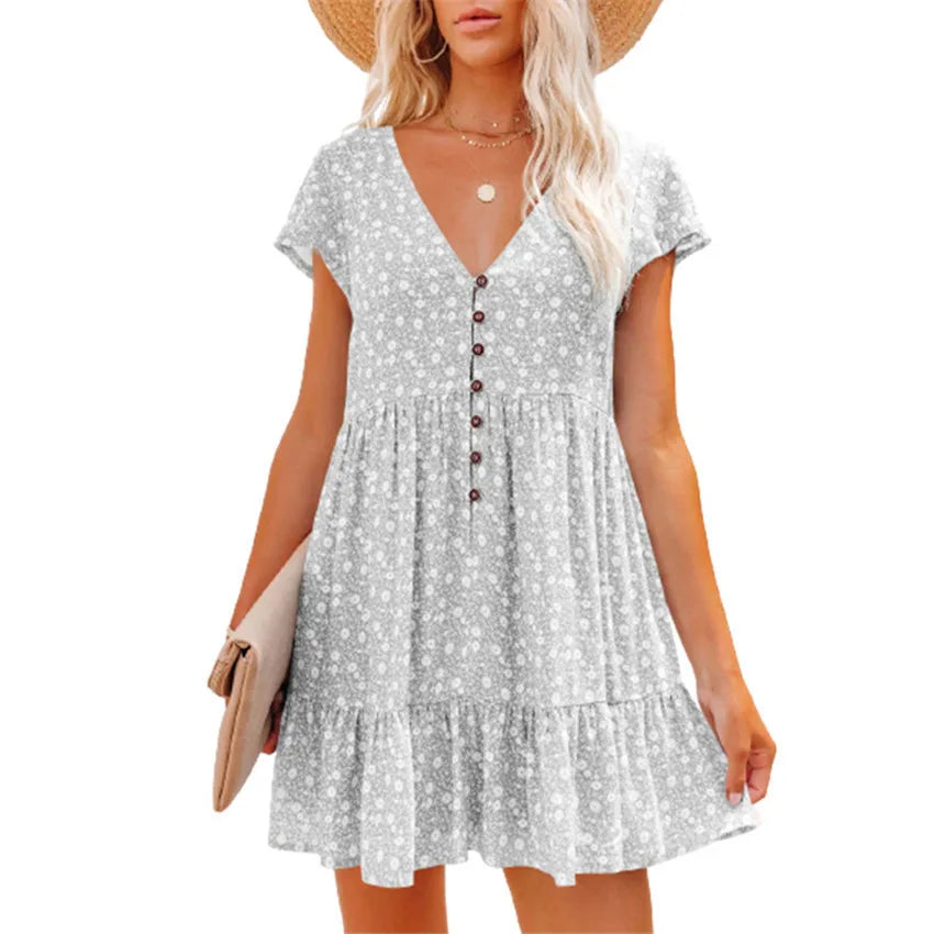 Women's Summer Sun Dresses Floral Full Print Button Up Dress Women Beach Dress V-neck Casual Loose Dress Women's Summer Clothing