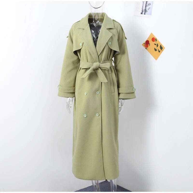 Elegant Women's Woolen Overcoat With Belt Street Lapel Double Breasted Full Sleeve Long Coat 2024 Autumn Lady Loose Outwear New