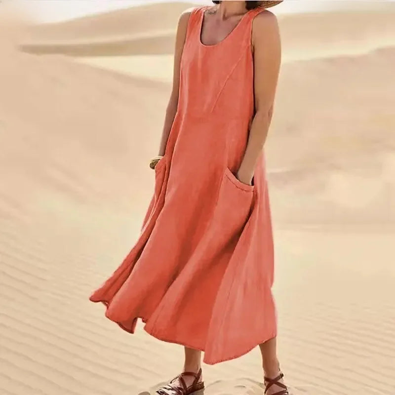 2023 Summer Casual Loose-fit Women's Dress Sleeveless Solid Color Round Neck Long Cotton Linen Dress Imported Europe America